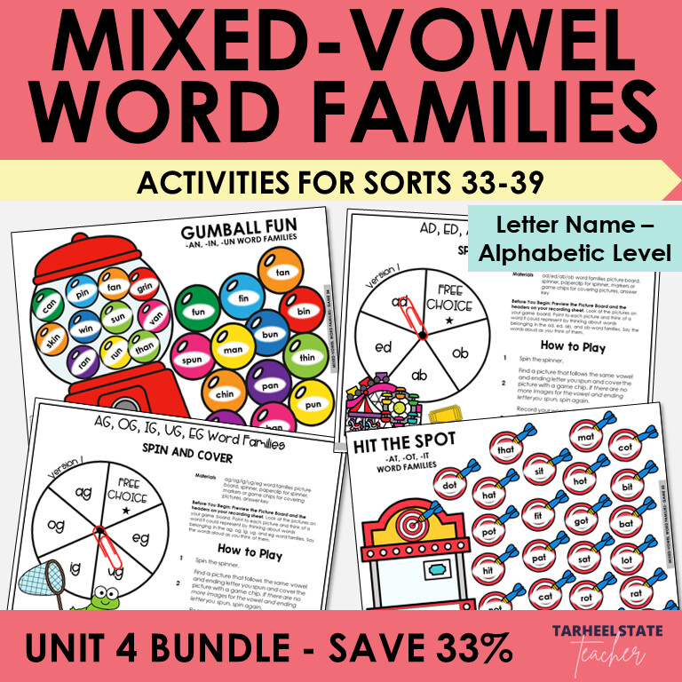 Mixed Vowel Word Families Games and Letter Name Alphabetic Activities