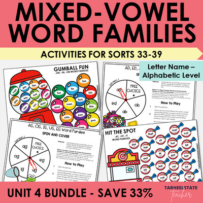 Mixed Vowel Word Families Games and Letter Name Alphabetic Activities
