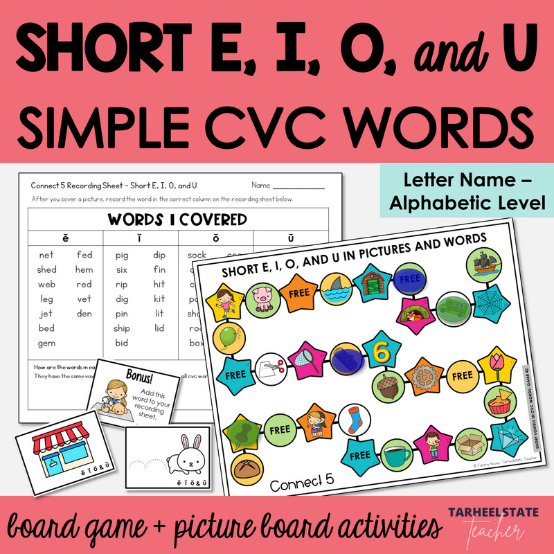 Short E, I, O, and U in Easy CVC Words with Pictures Letter Name Alphabetic Game