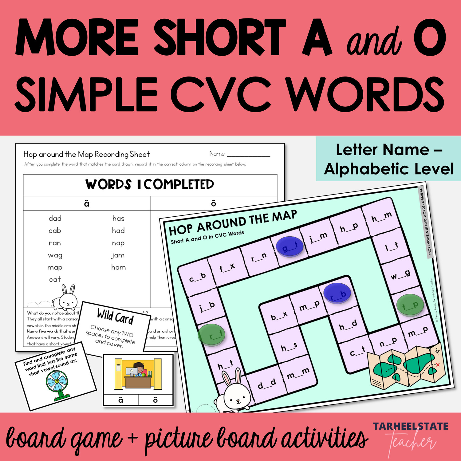 Short A and O in Easy CVC Words Games Letter Name Alphabetic Activities