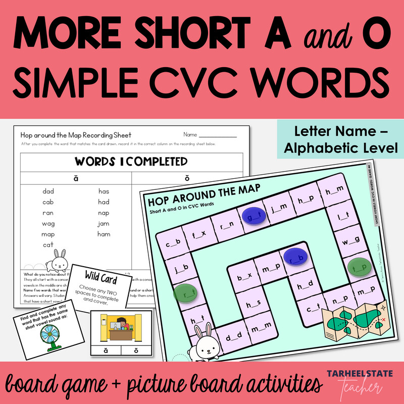 Short A and O in Easy CVC Words Games Letter Name Alphabetic Activities