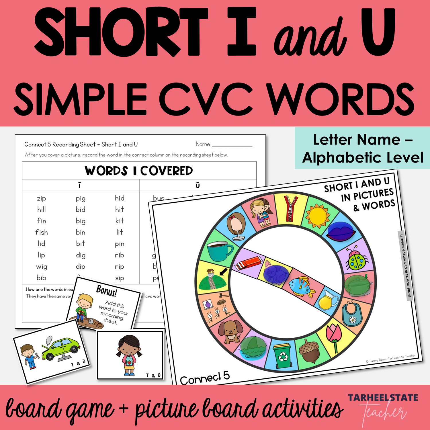 Short I and U in Easy CVC Words with Pictures Letter Name Alphabetic Games