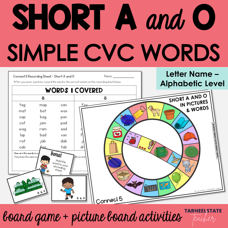 Short A and O in Easy CVC Words with Pictures Letter Name Alphabetic Games
