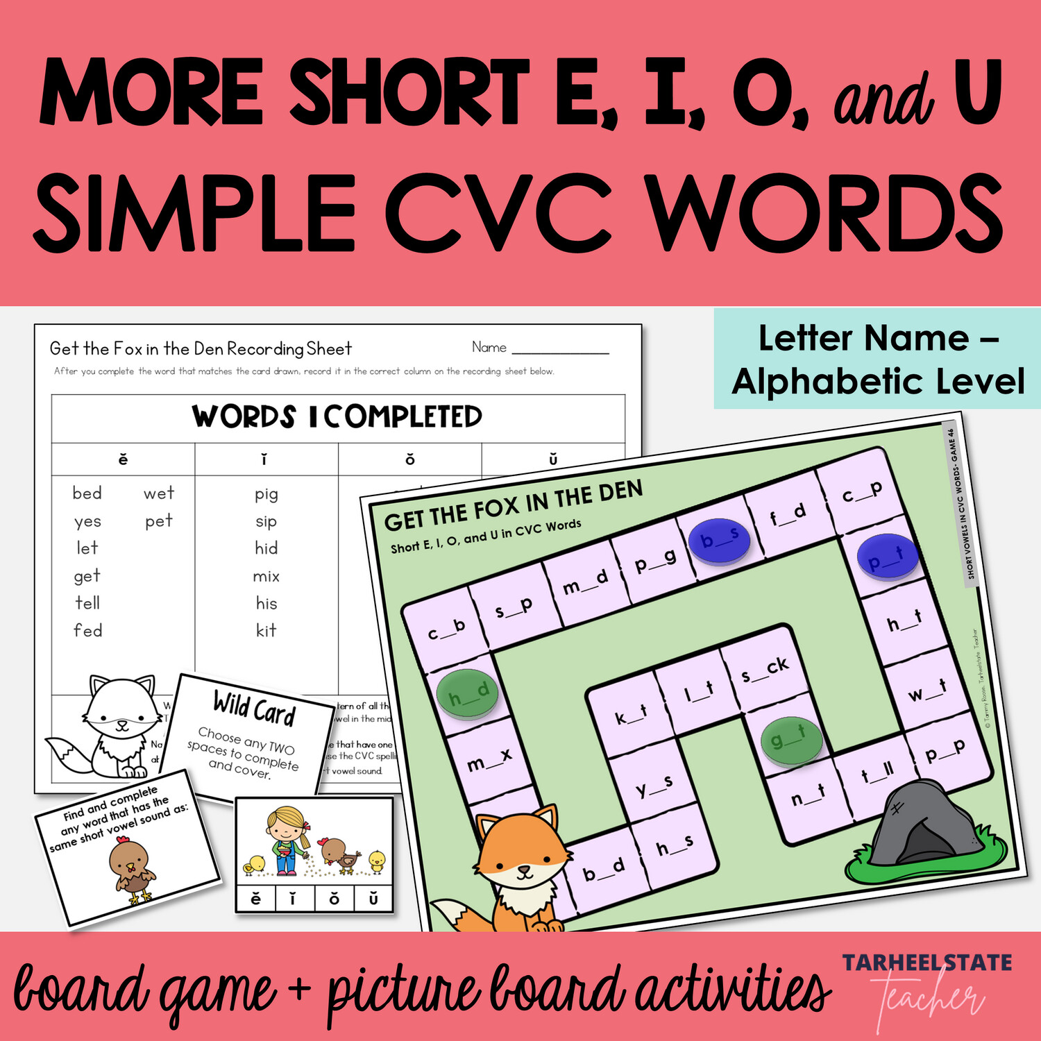 Short E, I, O, and U in Easy CVC Words Games Letter Name Alphabetic Activities