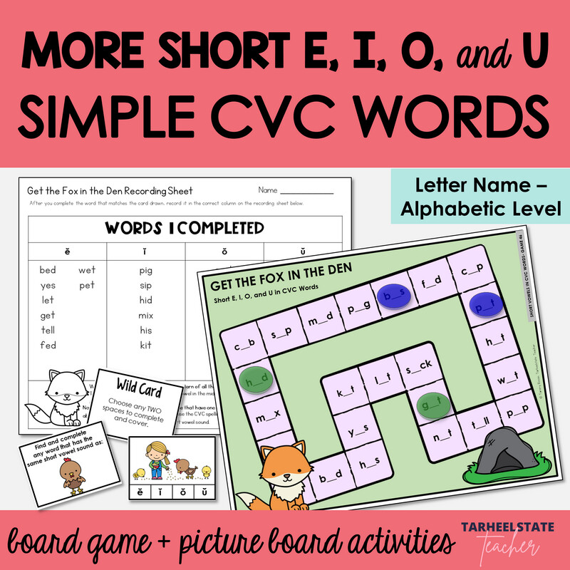 Short E, I, O, and U in Easy CVC Words Games Letter Name Alphabetic Activities