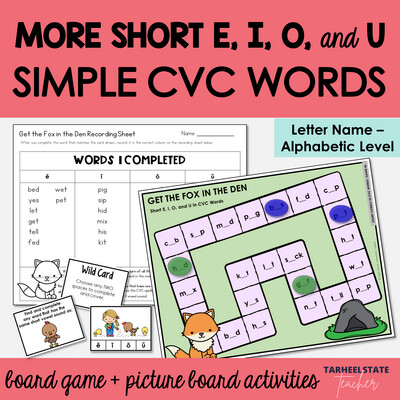 Short E, I, O, and U in Easy CVC Words Games Letter Name Alphabetic Activities