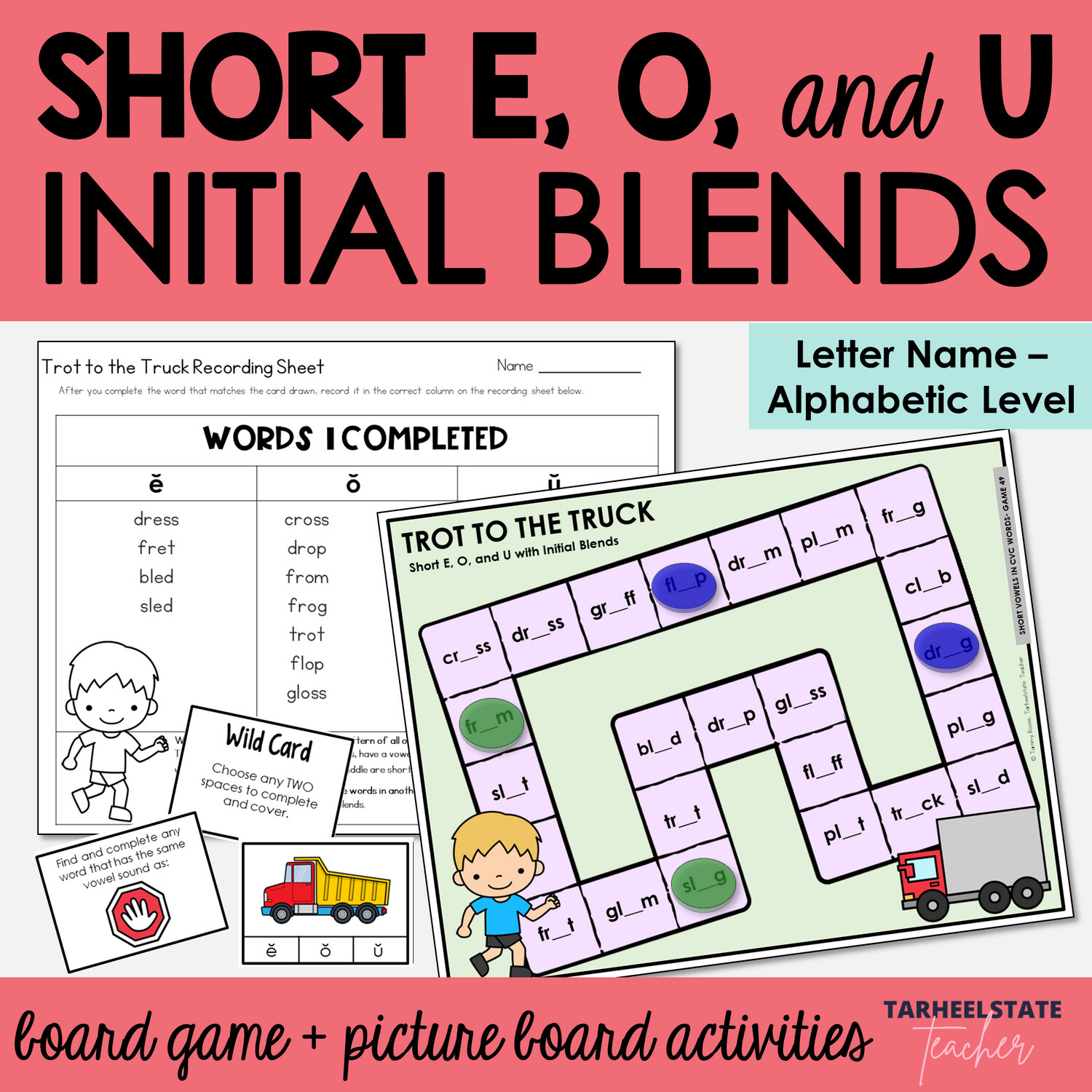 Short E, O, and U with Initial Beginning R Blends and L Blends Games and Activities