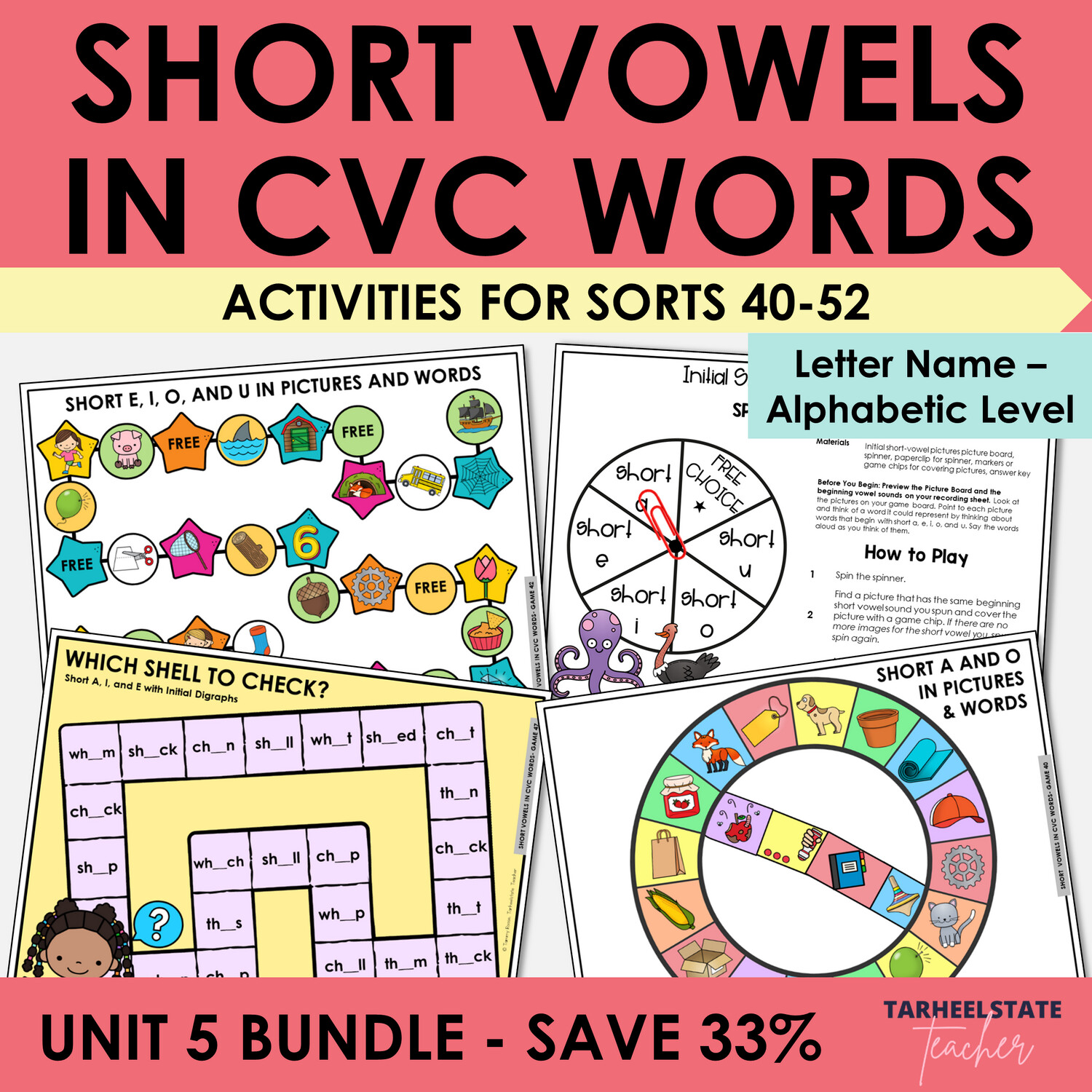 Short Vowels in CVC Words Games and Letter Name Alphabetic Activities