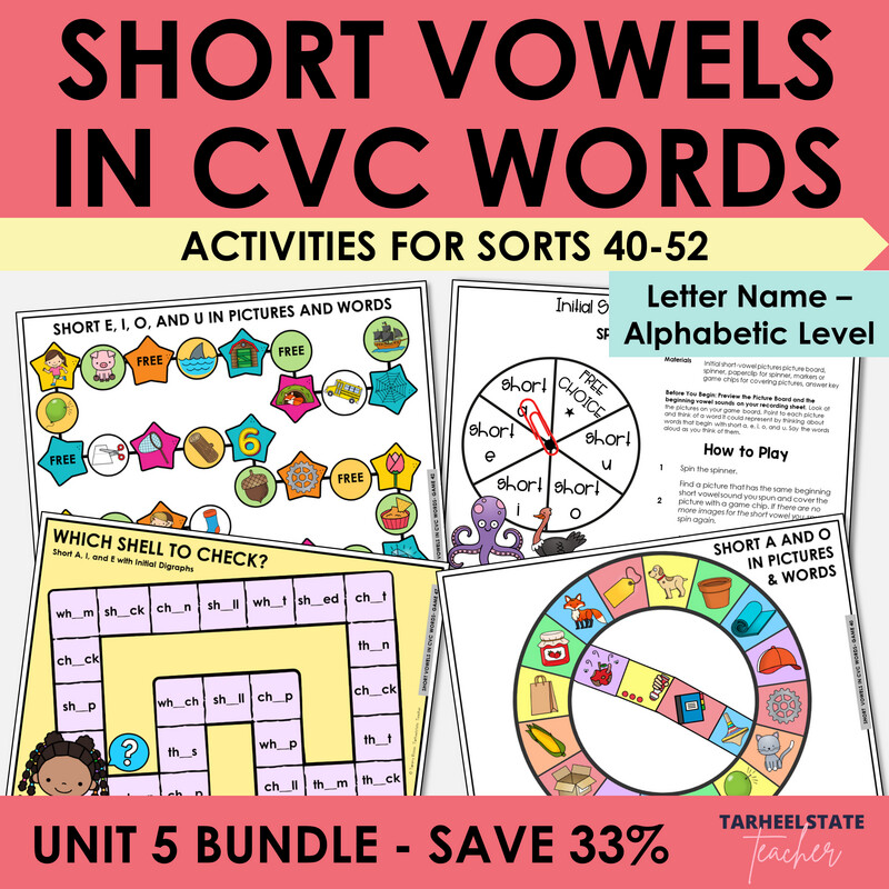 Short Vowels in CVC Words Games and Letter Name Alphabetic Activities