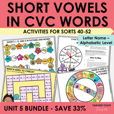 Short Vowels in CVC Words Games and Letter Name Alphabetic Activities