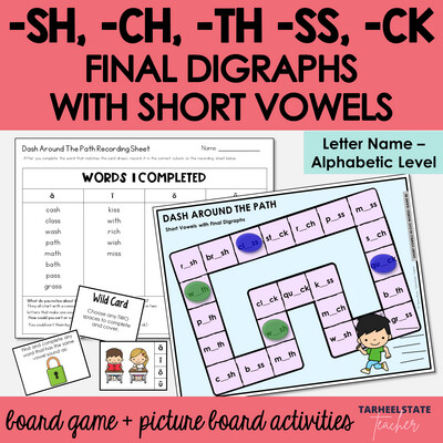 Short Vowels with Final Ending Digraphs SH, CH, TH, SS, CK Games and Activities