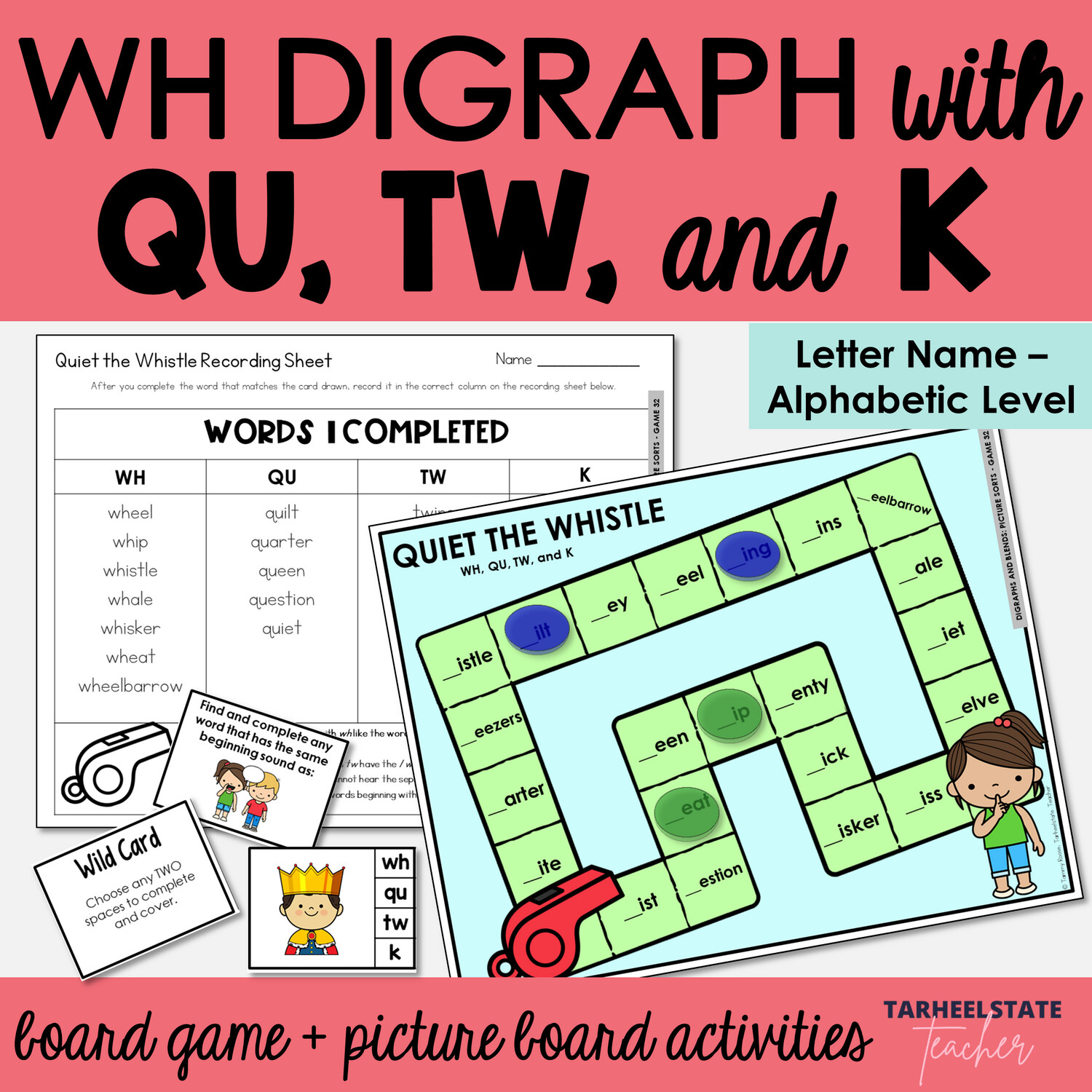 WH, QU, TW, and K Digraph and Blends Games Letter Name Alphabetic Activities