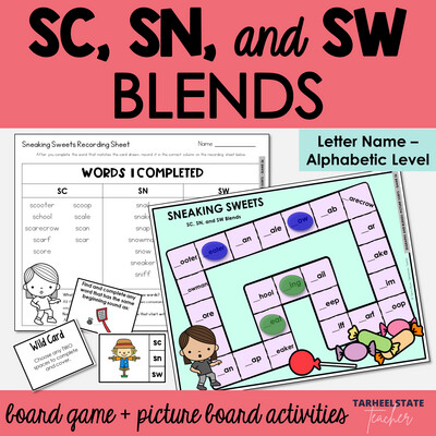 SC, SN, and SW Beginning Blends Games Letter Name Alphabetic Activities