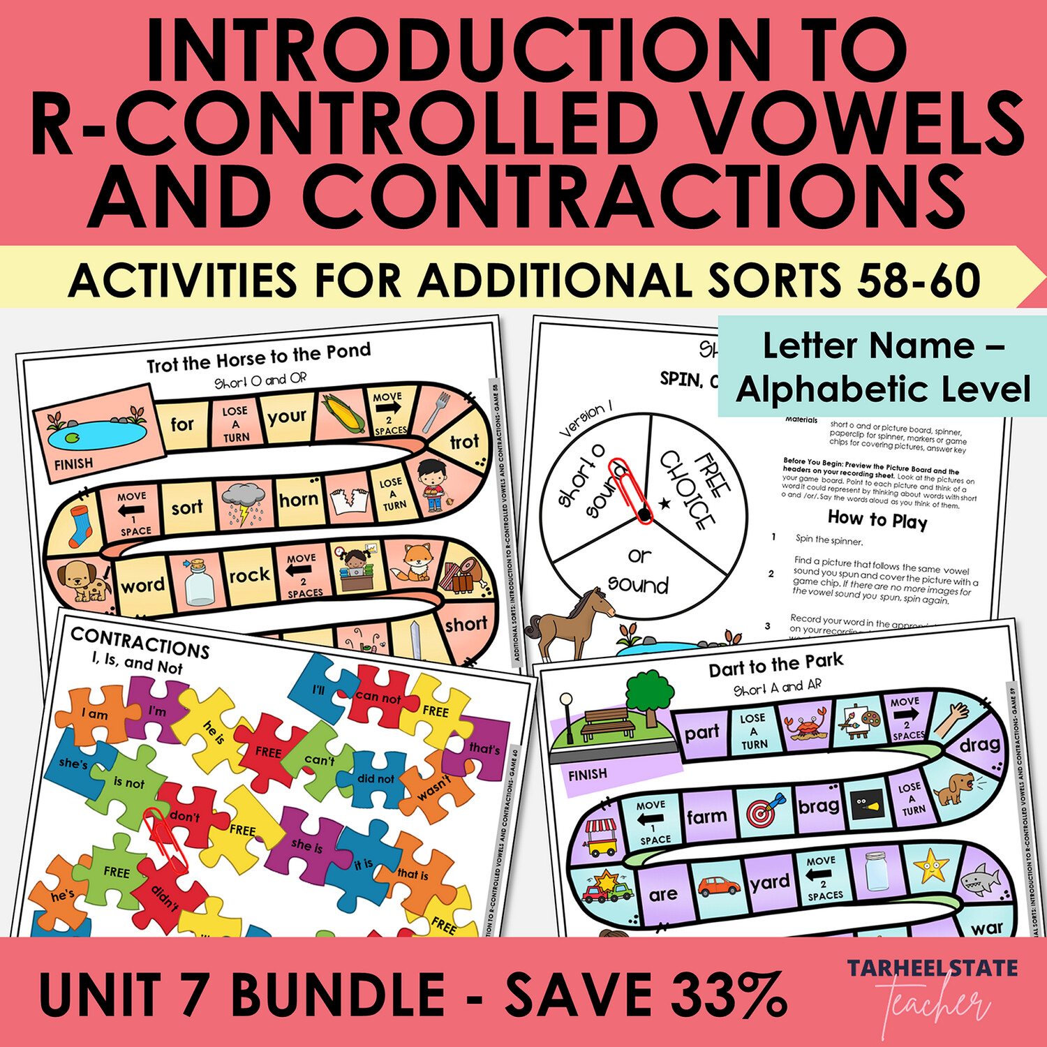 Intro to Contractions and R-Controlled Vowels - Word List, Worksheets, and Games