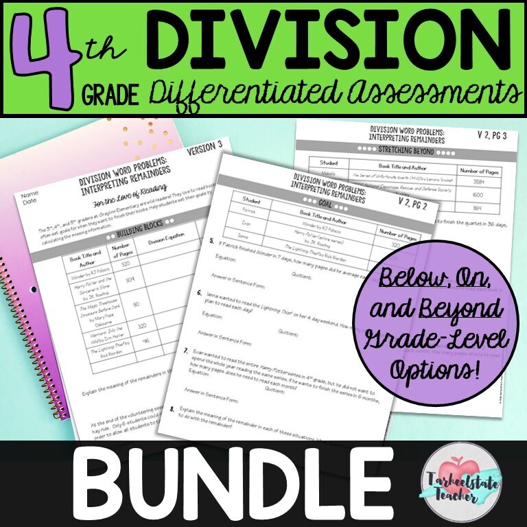 4th Grade Division and Dividing Whole Numbers Concepts with Word Problems