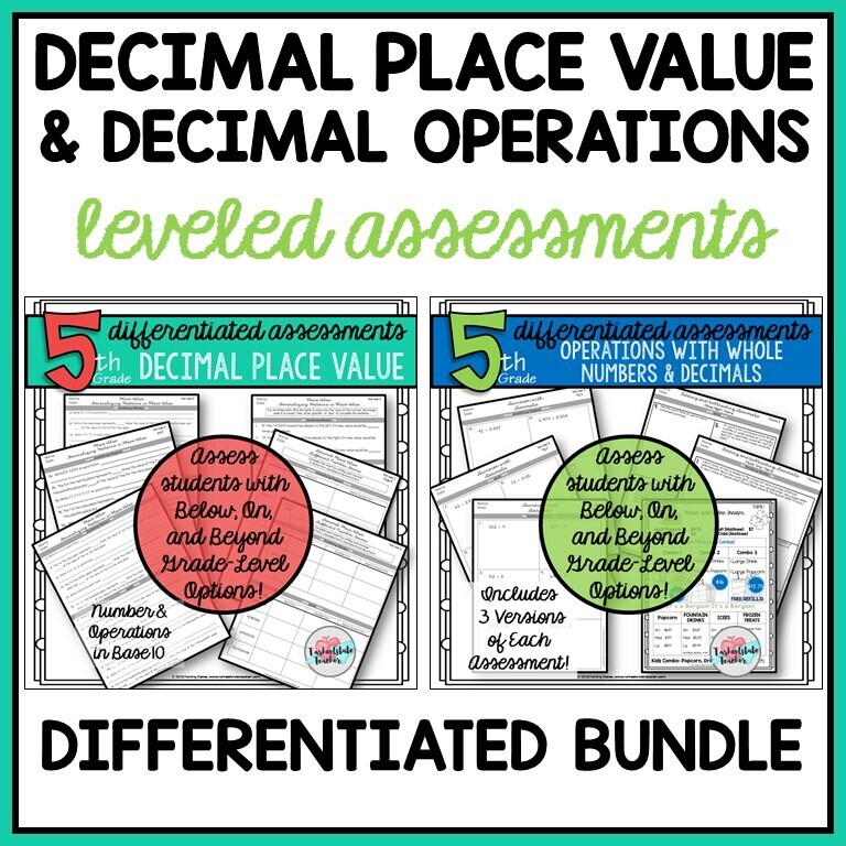 5th Grade Decimals Place Value and Operations Assessments BUNDLE