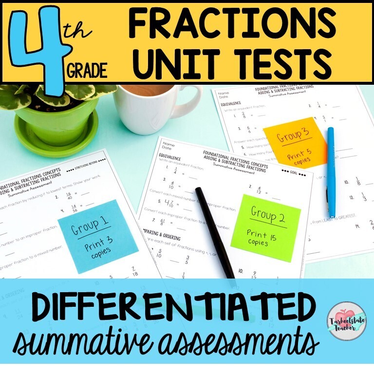 4th Grade Fractions and Decimals Differentiated Unit Tests or Practice Sheets