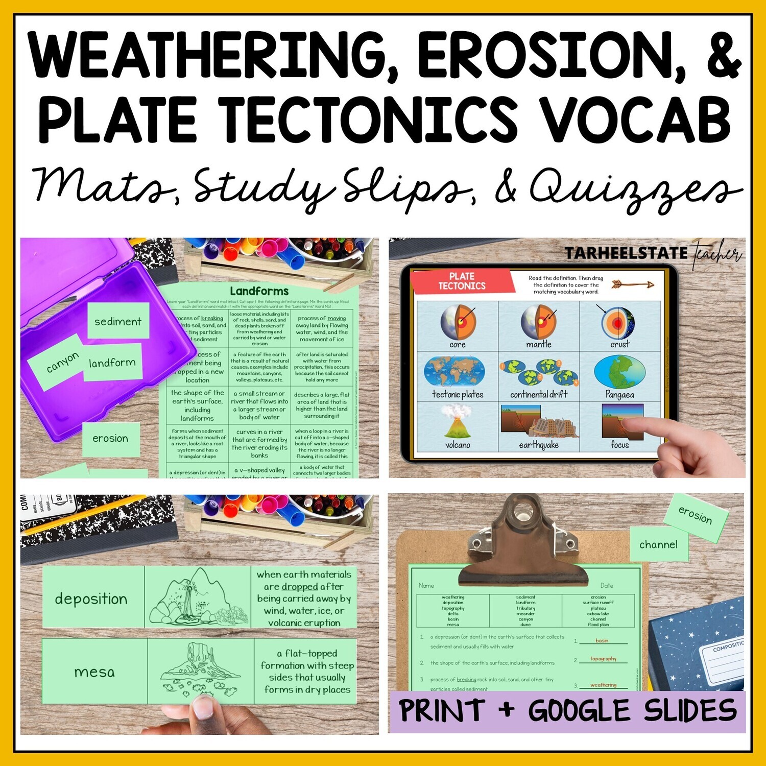 Weathering, Erosion, and Plate Tectonics Vocabulary Mats, Study Slips, and Quizzes Printable and Digital