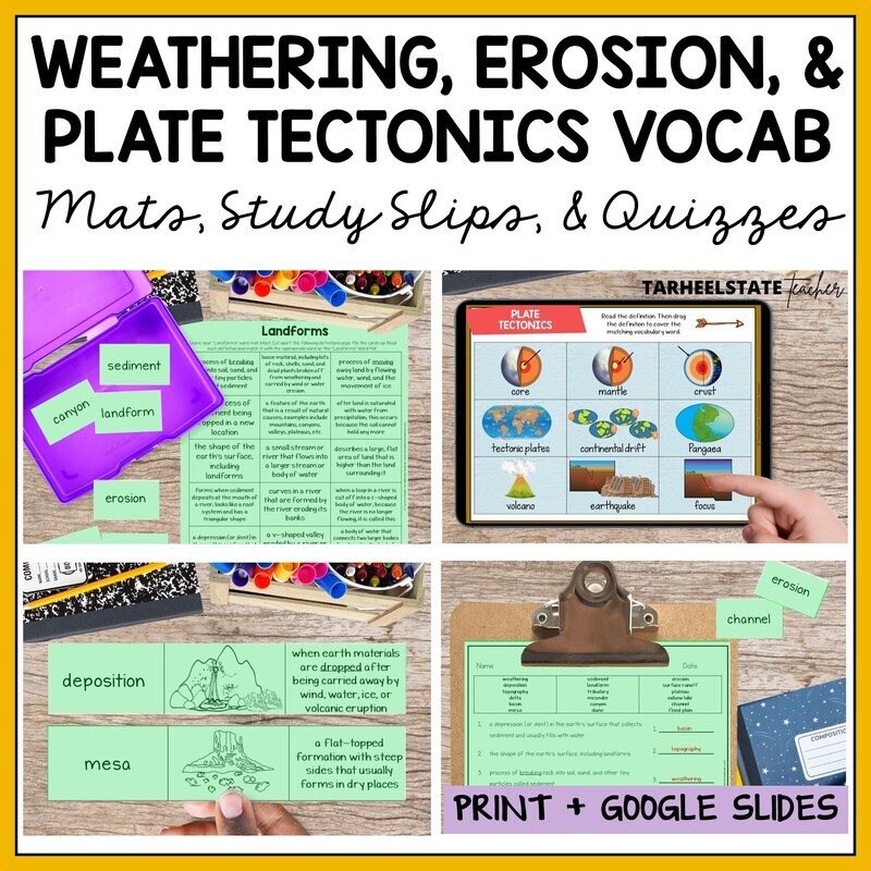 Weathering, Erosion, and Plate Tectonics Vocabulary Mats, Study Slips, and Quizzes Printable and Digital