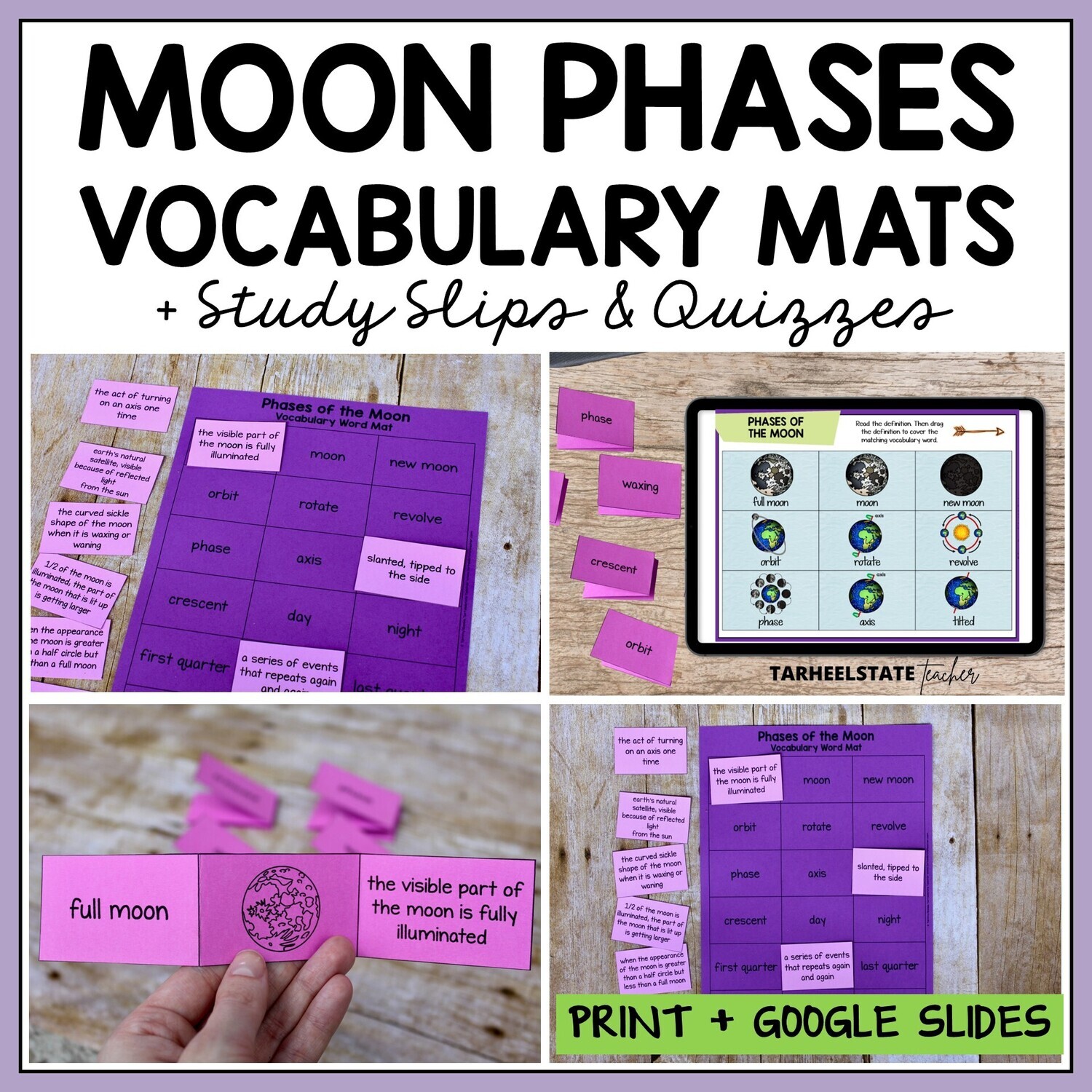 Phases of the Moon Vocabulary Mats, Study Slips, and Quizzes