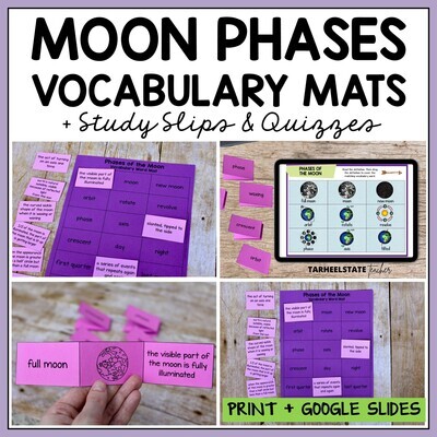 Phases of the Moon Vocabulary Mats, Study Slips, and Quizzes