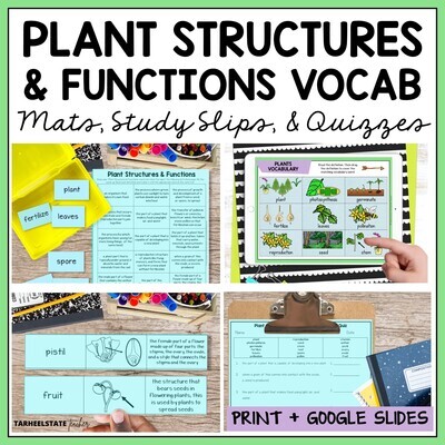Plant Structures and Functions Vocabulary Mats, Study Slips, and Quizzes