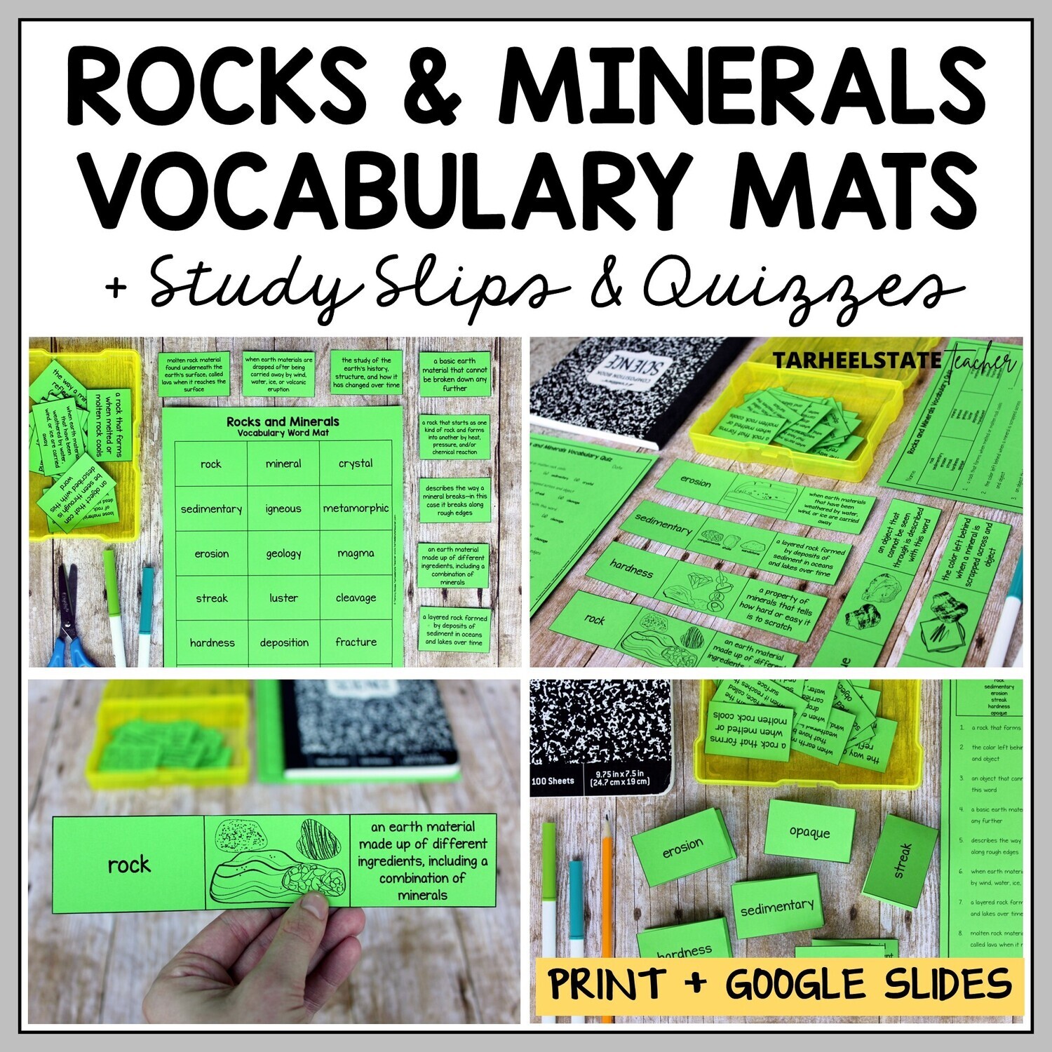 Rocks and Minerals Vocabulary Mats, Study Slips, and Quizzes Printable and Digital