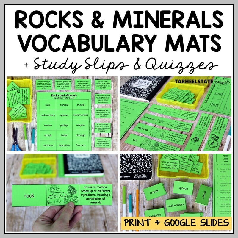 Rocks and Minerals Vocabulary Mats, Study Slips, and Quizzes Printable and Digital