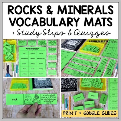 Rocks and Minerals Vocabulary Mats, Study Slips, and Quizzes Printable and Digital