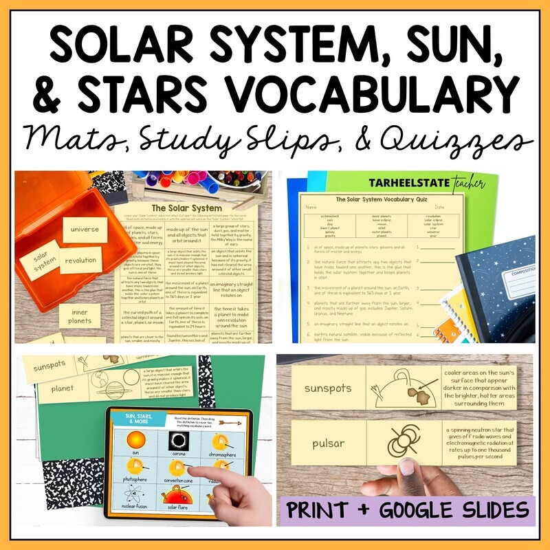 Solar System, Sun, and Stars Vocabulary Mats, Study Slips, and Quizzes