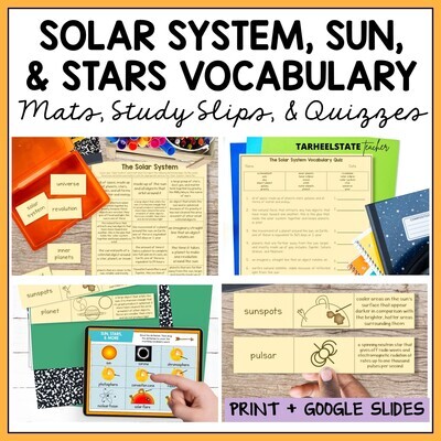 Solar System, Sun, and Stars Vocabulary Mats, Study Slips, and Quizzes
