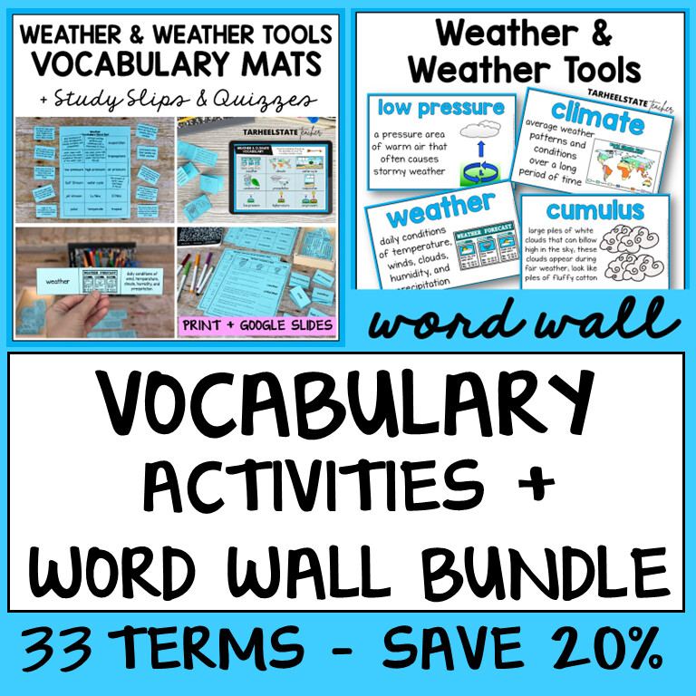 Weather and Climate Vocabulary Activities Games and Word Wall with Definitions