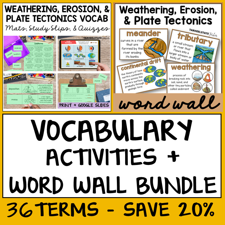 Weathering, Erosion, Plate Tectonics Vocabulary Activities Bundle
