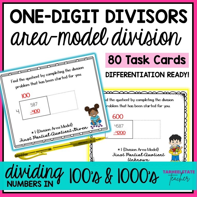 Area Model Division with 1 Digit Divisors Task Cards Activities or Math Centers