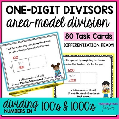 Area Model Division with 1 Digit Divisors Task Cards Activities or Math Centers