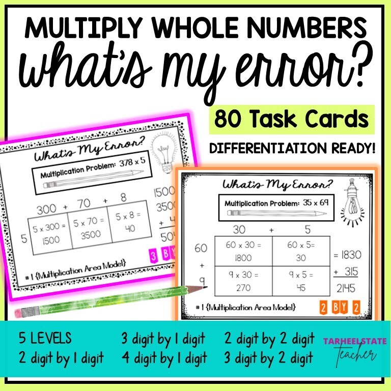 Multiply Whole Numbers with Area Model Error Analysis Task Cards Activities