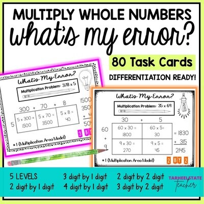 Multiply Whole Numbers with Area Model Error Analysis Task Cards Activities