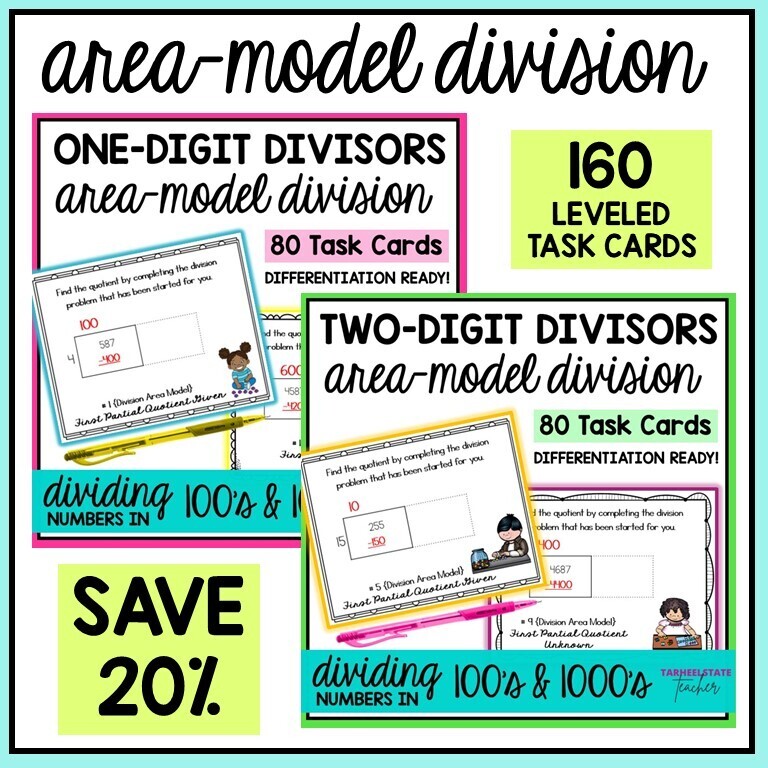 Area Model Division 1 Digit and 2 Digit Divisors Task Cards Activities BUNDLE