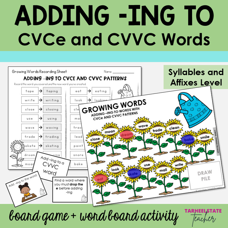 Adding -ING to CVCe, CVVC Base Words Syllables Affixes Games and Activities