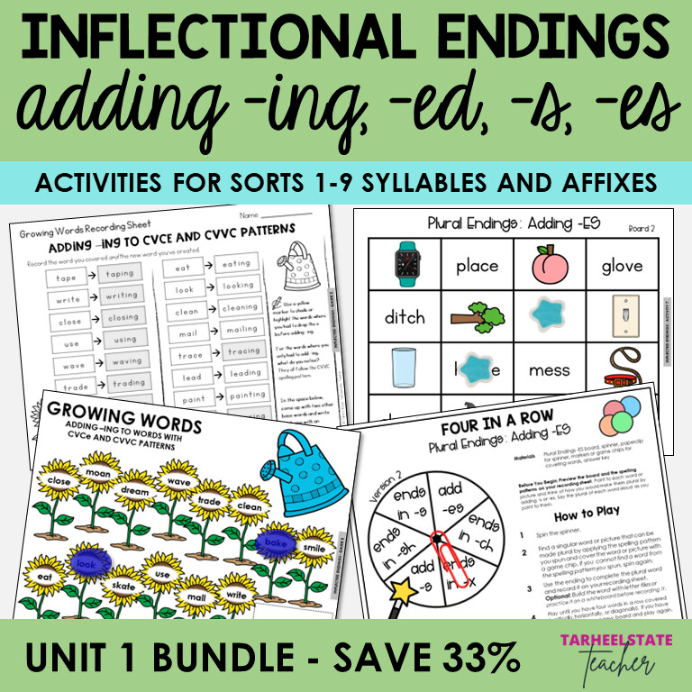 Inflectional Endings ING, ED, S, ES Syllables Affixes Games and Activities Bundle