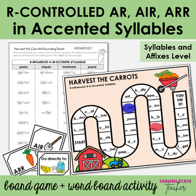 AR, AIR, ARE, ARR R-Controlled Vowels in Accented Syllables Games Activities