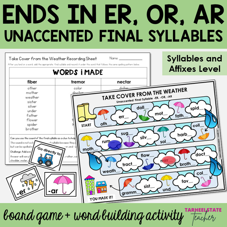 Ends in ER, OR, AR Unaccented Final Syllables and Affixes Games Activity
