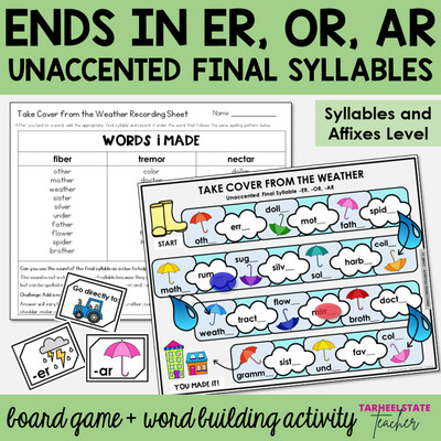 Ends in ER, OR, AR Unaccented Final Syllables and Affixes Games Activity