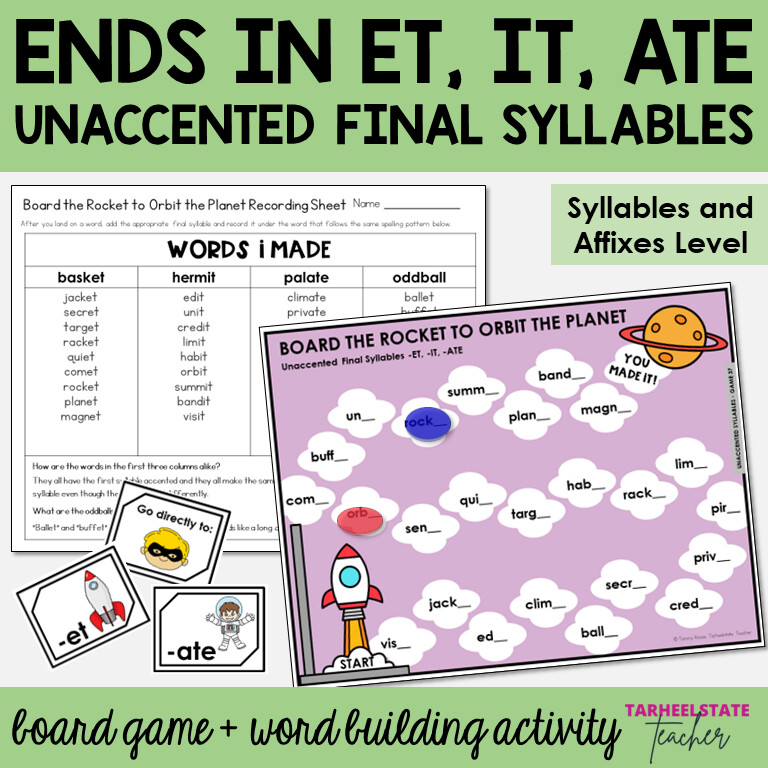 Words Ending in -ET, -IT, -ATE Unaccented Final Syllables Affixes Game Activity