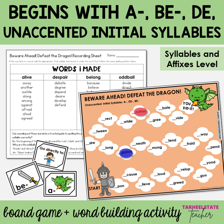 Words Starting with A, DE, BE Unaccented Beginning Syllables Game and Activity