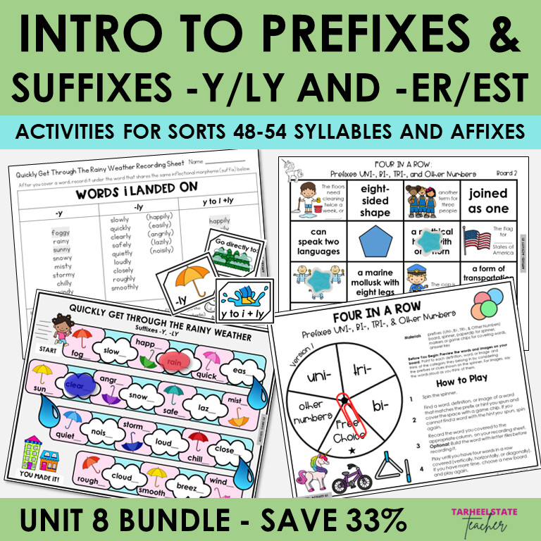 Prefixes and Suffixes Syllables and Affixes Unit 8 Games Activities Bundle