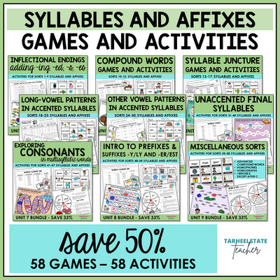 Syllables and Affixes Spellers Games Activities MEGA BUNDLE - All Sorts