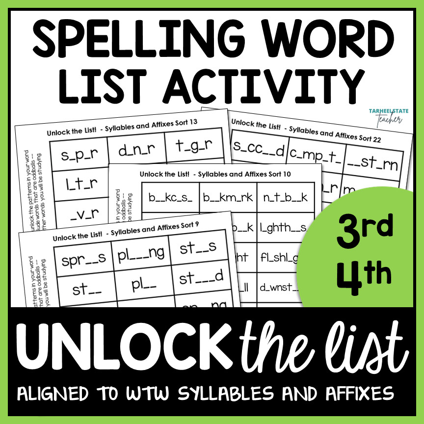 Syllables and Affixes Fill in the Blank Spelling Word List Activity