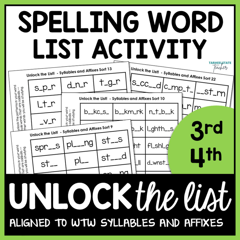 Syllables and Affixes Fill in the Blank Spelling Word List Activity