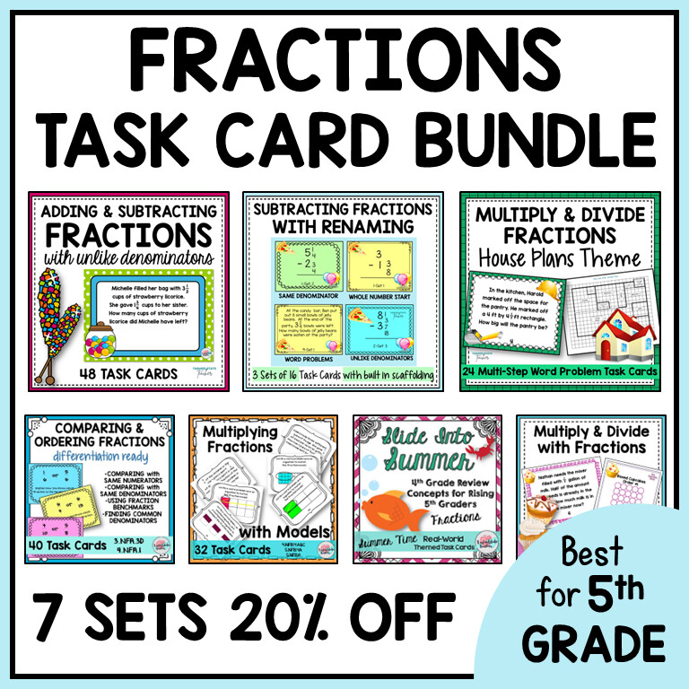 Fractions Word Problems Task Cards Activities or Math Centers Mega Bundle